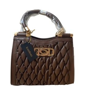 Bebe Quilted Satchel Top Handle Bag Gold Logo Chain‎ Strap Brown NWT
